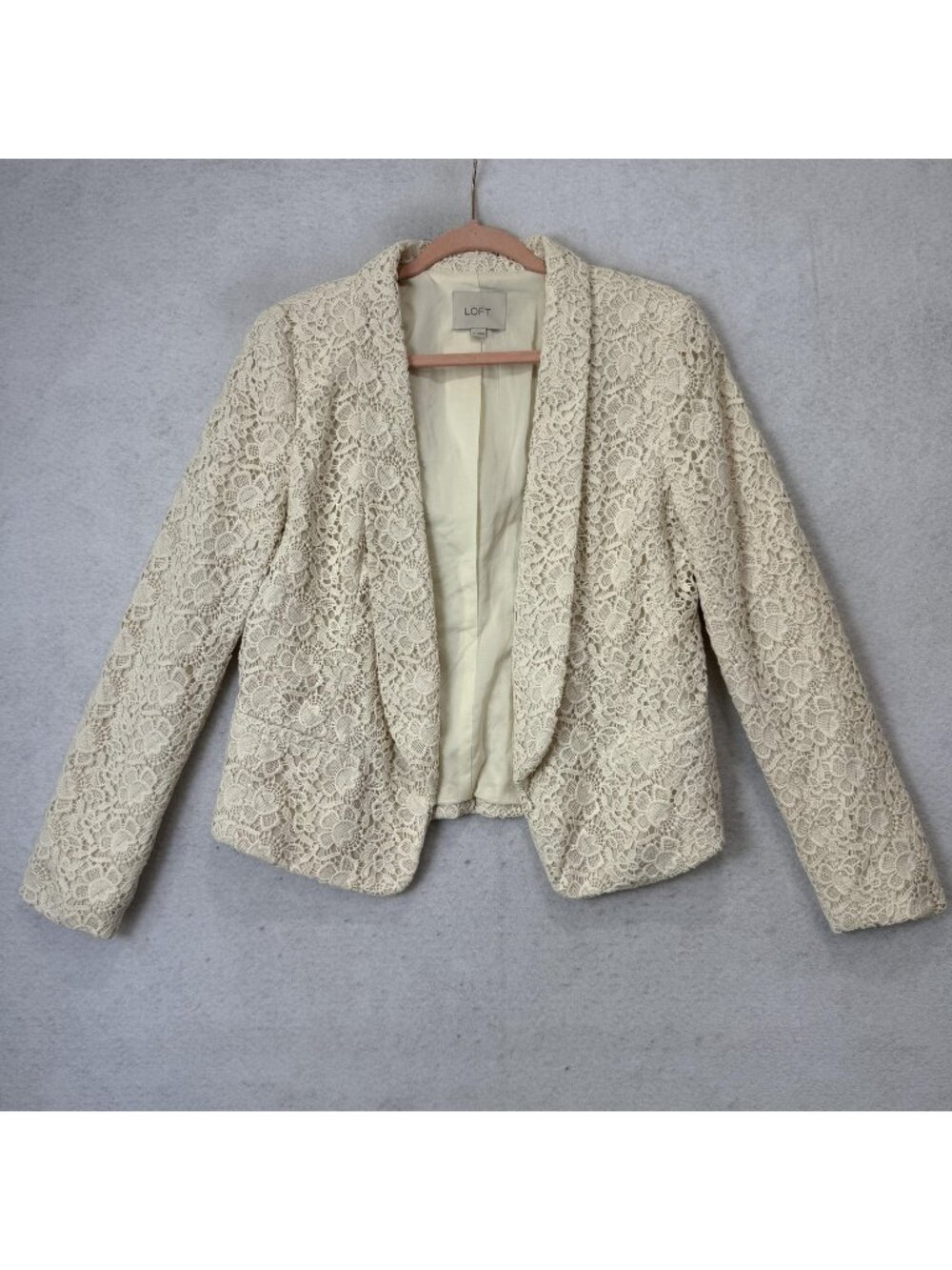 LOFT Jacket Womens 10 White Lace Open Front Lined Floral Short Blazer Party